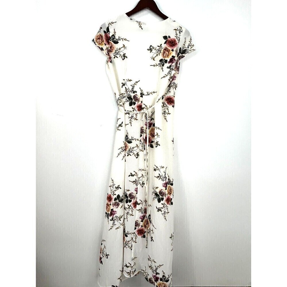 Showpo Womens Size 14 Cream Floral Wrap Coss Maxi Dress Cap Sleeves Flowy T4 - Picture 3 of 12